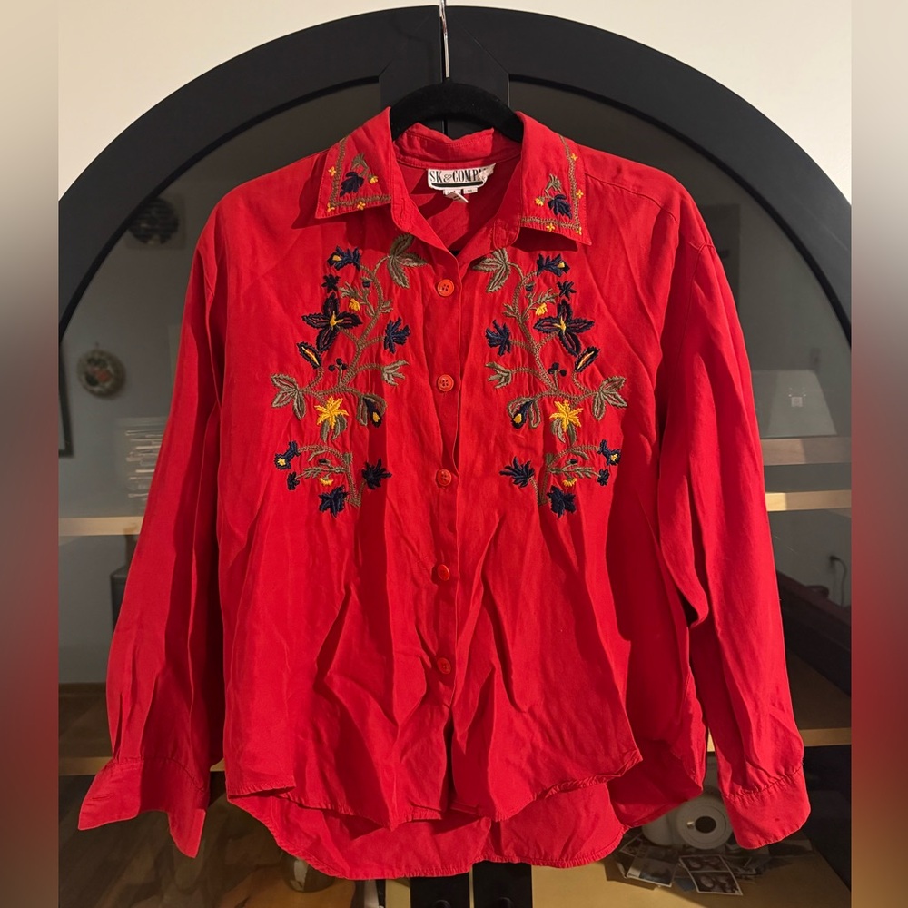 Vintage embroidered red button down